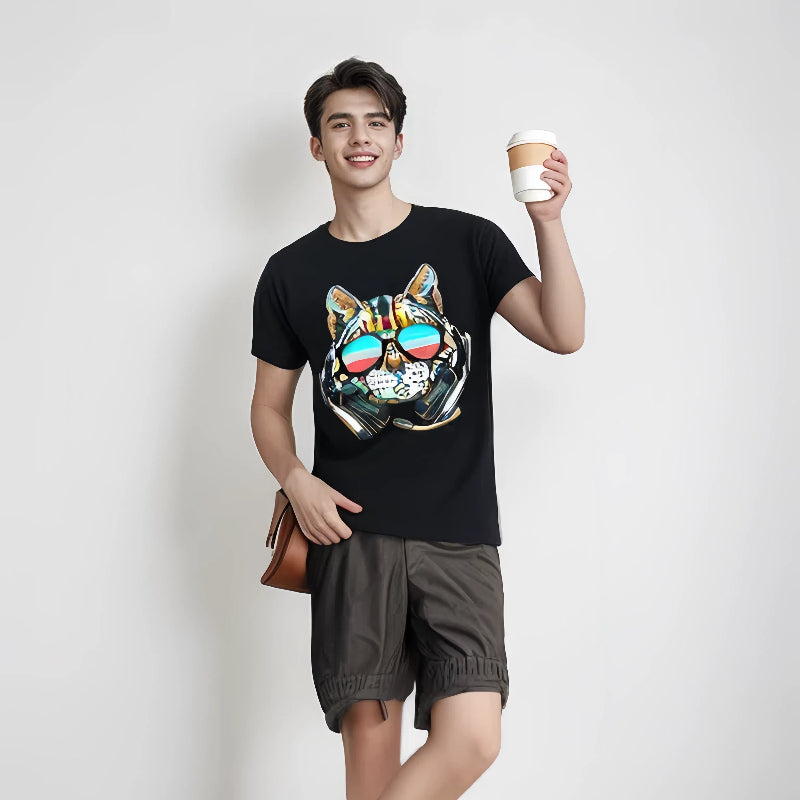 LED Light-up T-shirt for Men Casual Black Round Neck Cat with Glasses Pattern